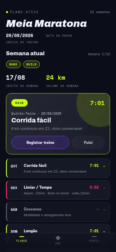Tela da Longa mostrando o plano de treino gerado com a semana atual