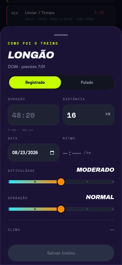 Tela da Longa registrando um treino manualmente