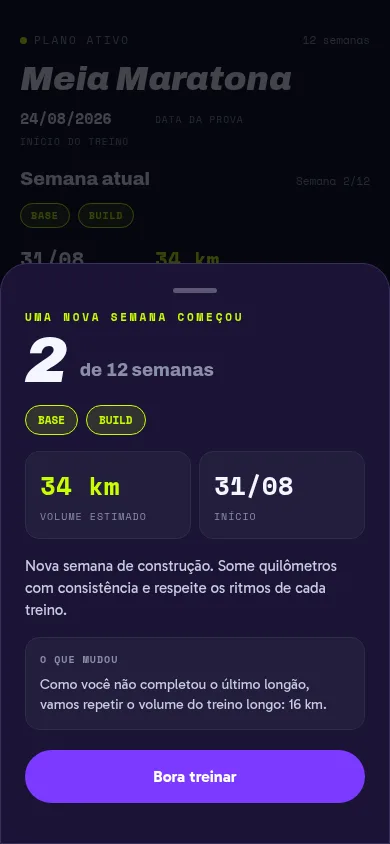 Tela da Longa anunciando uma nova semana de treinos com o que mudou no plano a partir dos treinos registrados